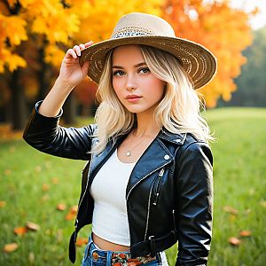 Young Woman in Straw Hat and Leather Jacket in Autumn Park