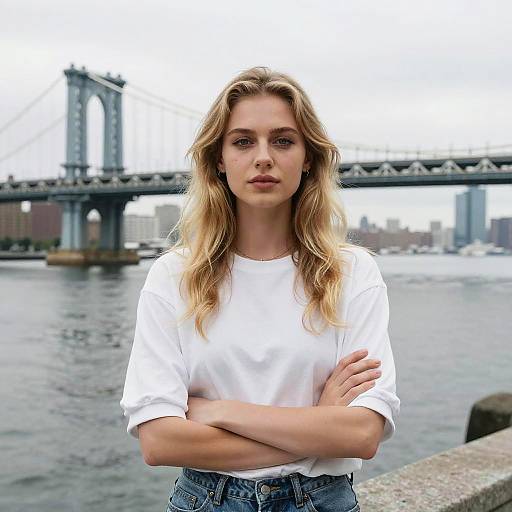 Confident Young Woman by Manhattan Bridge Wearing Casual Gen Z Style