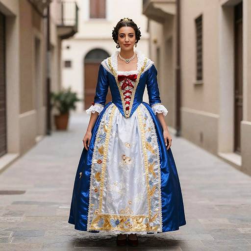 Italian Woman in Baroque Style Blue and Red Historical Costume in Narrow Alley