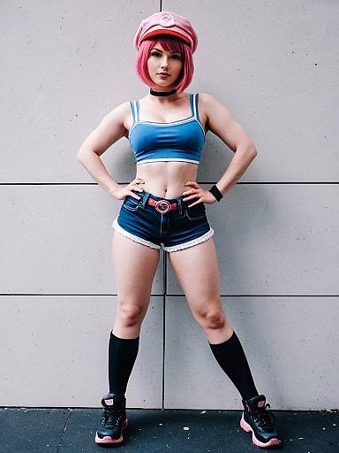 Confident Woman in Blue Crop Top and Denim Hot Pants with Pink Hair and Cap
