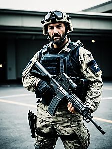 Soldier in Tactical Gear with Assault Rifle