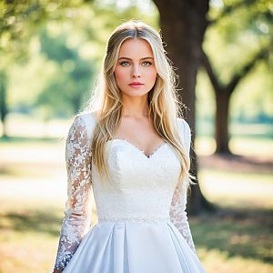 Young Woman in Elegant White Wedding Dress Outdoors