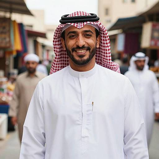 Middle Eastern Man in Traditional Dress Smiling at Outdoor Market