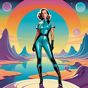 Confident Woman in Futuristic Bodysuit in Surreal Landscape