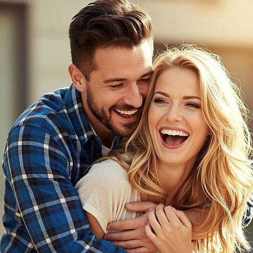 Happy Young Couple Laughing Together Outdoors Embracing