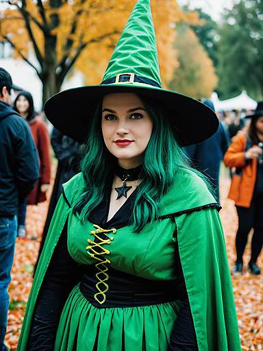 Woman in Green Witch Costume Candid Cosplay Portrait at Halloween Event