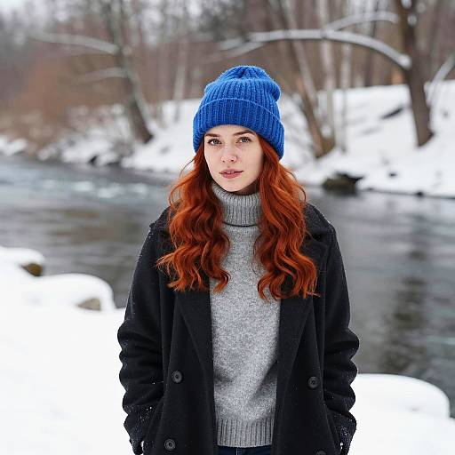 Winter Portrait of Woman with Red Hair in Blue Beanie and Black Coat