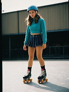 Young Woman in Blue Retro Roller Skating Outfit with Helmet