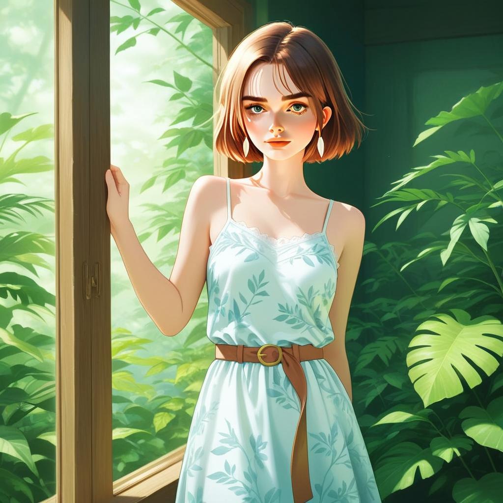 Young Woman by Open Window with Plants