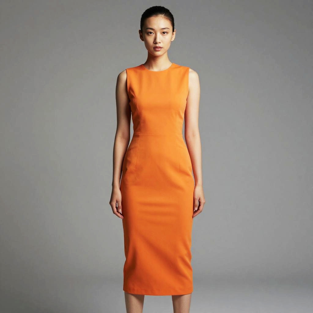 Modern Minimalist Woman in Sleek Orange Midi Dress