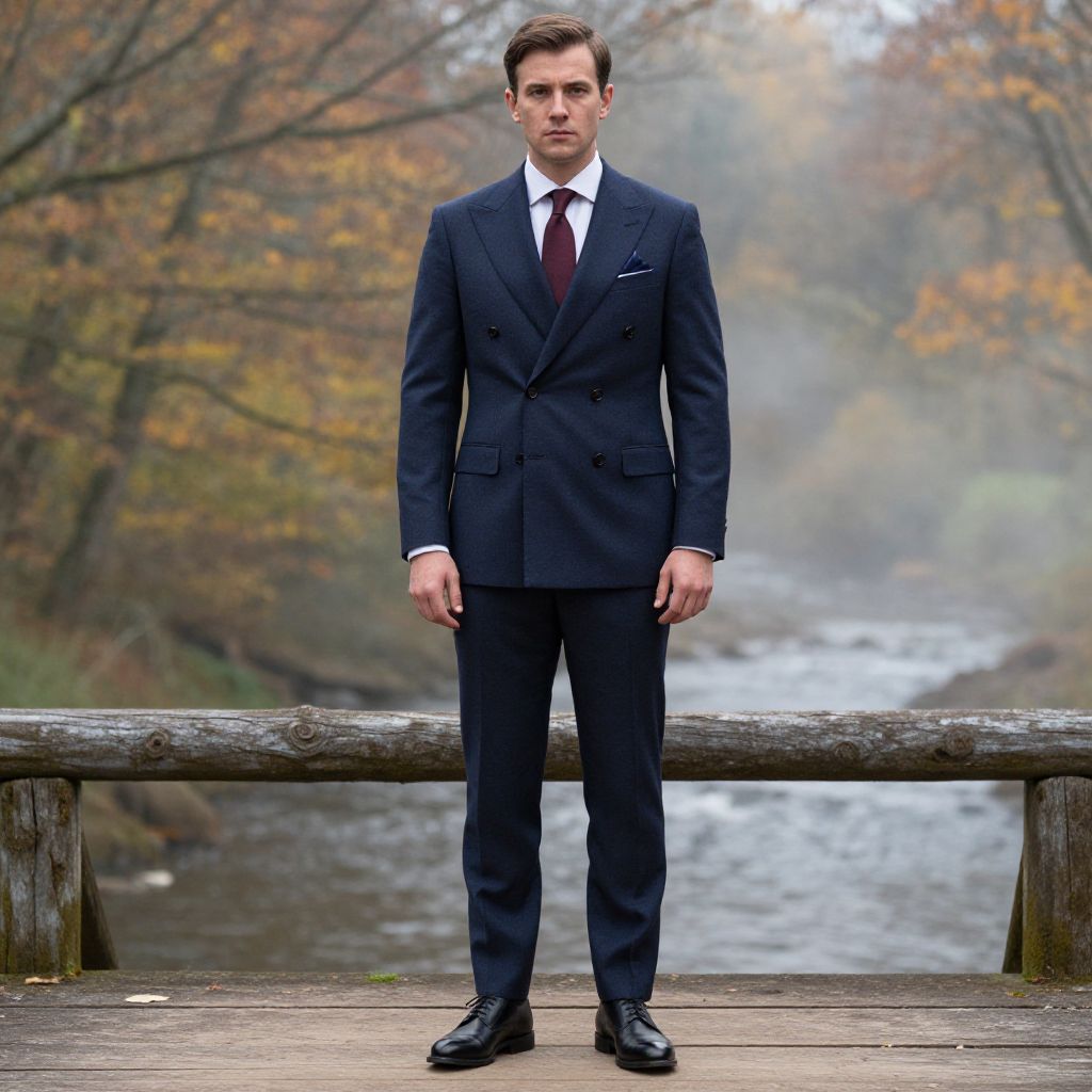 Man in Navy Double-Breasted Suit by River with Autumn Background