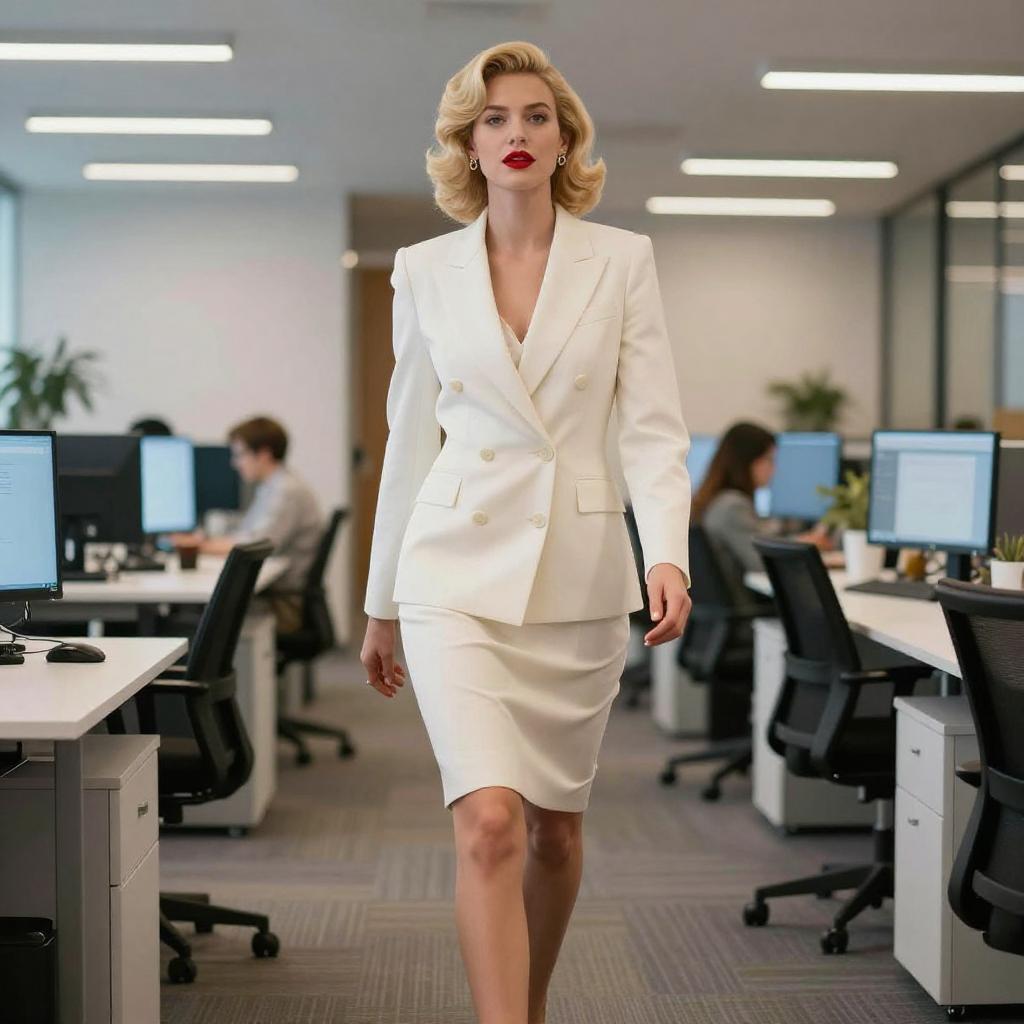 Professional Woman in White Suit Walking in Modern Office
