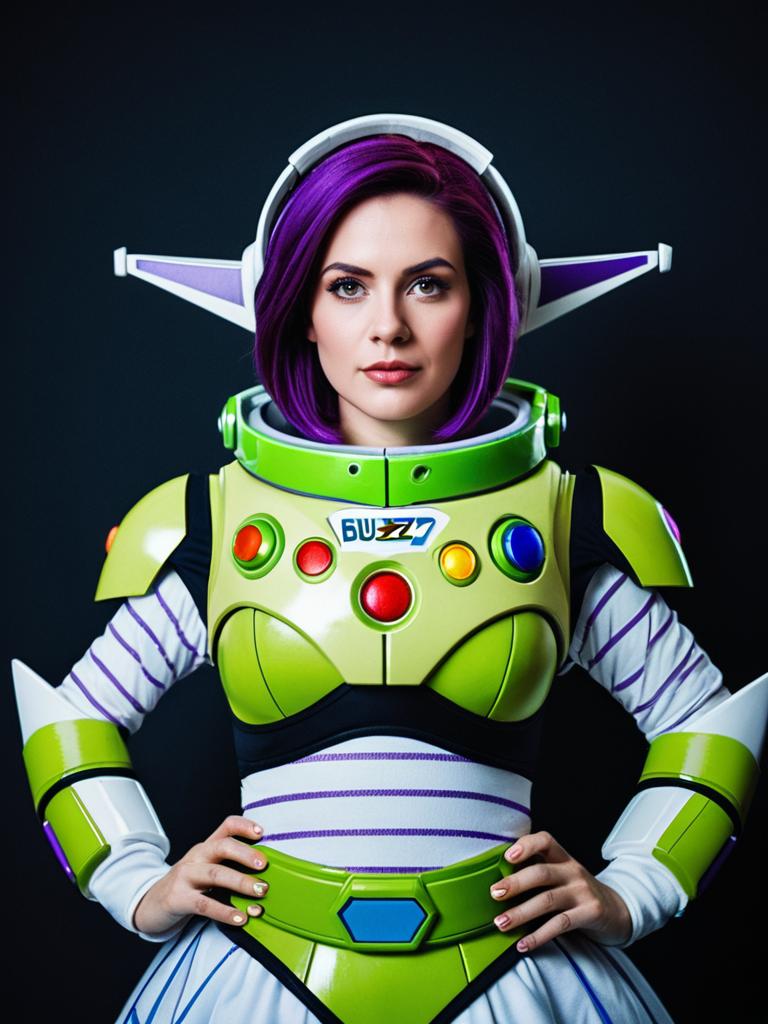 Photorealistic Woman in Colorful Buzz Lightyear Cosplay Costume
