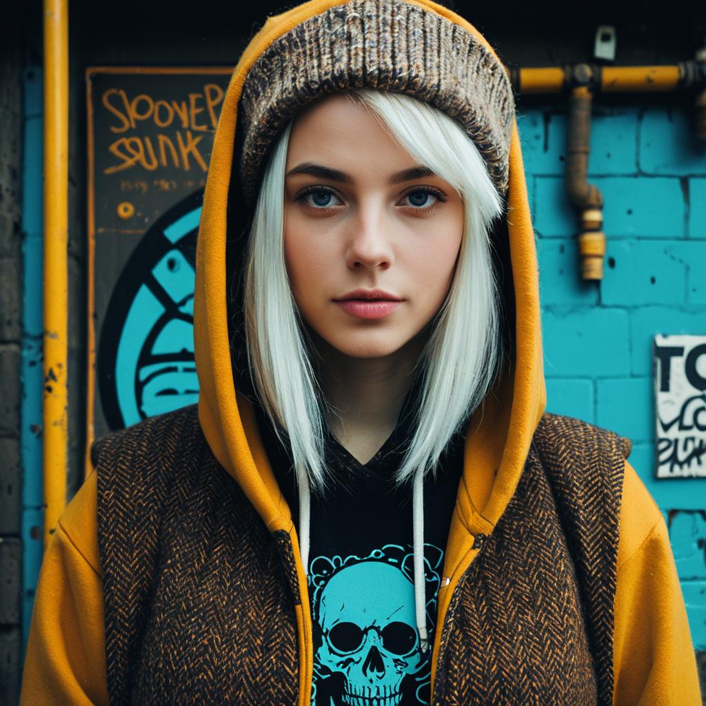 Young Woman in Urban Streetwear with Blue Eyes