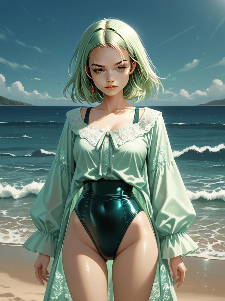 Realistic Woman in Classic Black High-Cut Swimsuit and Mint Green Blouse on Beach
