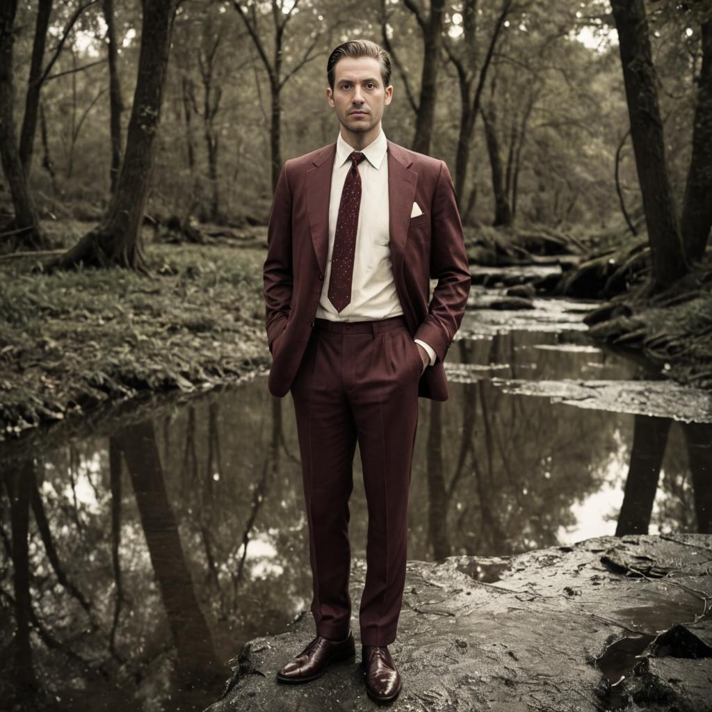 Man in Maroon Suit by Forest Stream