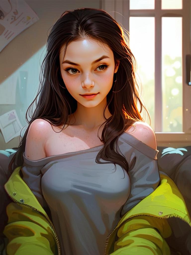 Young Woman in Yellow Jacket by Sunlit Window Young Woman in Yellow Jacket by Sunlit Window