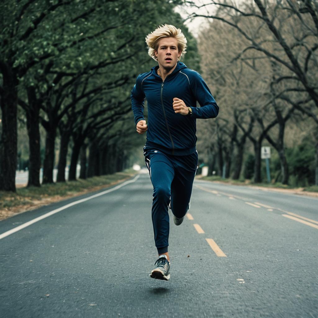 Young Man Running on Tree-Lined Road