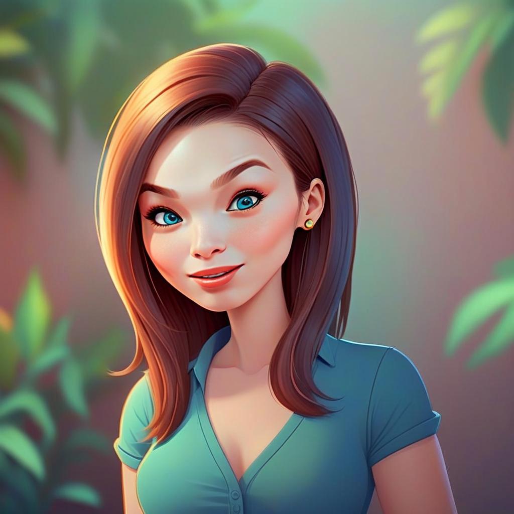 Smiling Woman in Teal Shirt with Greenery Background