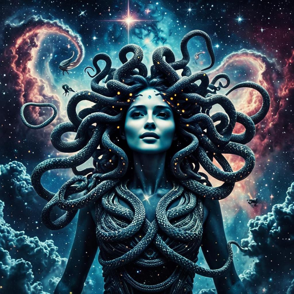 Cosmic Medusa Woman with Snakes in Surreal Space Digital Art