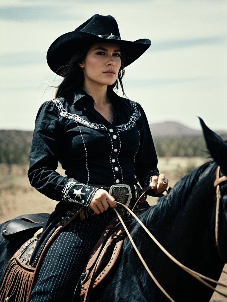 Woman in Black Cowgirl Costume Cinematic Realism Riding Horse Woman in Black Cowgirl Costume Cinematic Realism Riding Horse