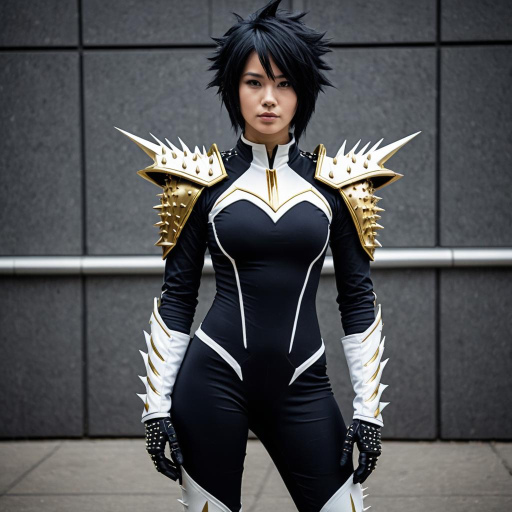Woman in Futuristic Black and White Bodysuit with Gold Spiked Armor