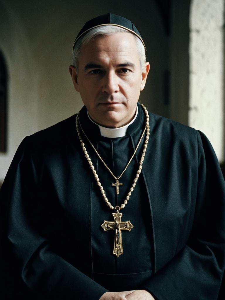 Man in Catholic Priest Costume Cinematic Realism Dramatic Editorial Portrait