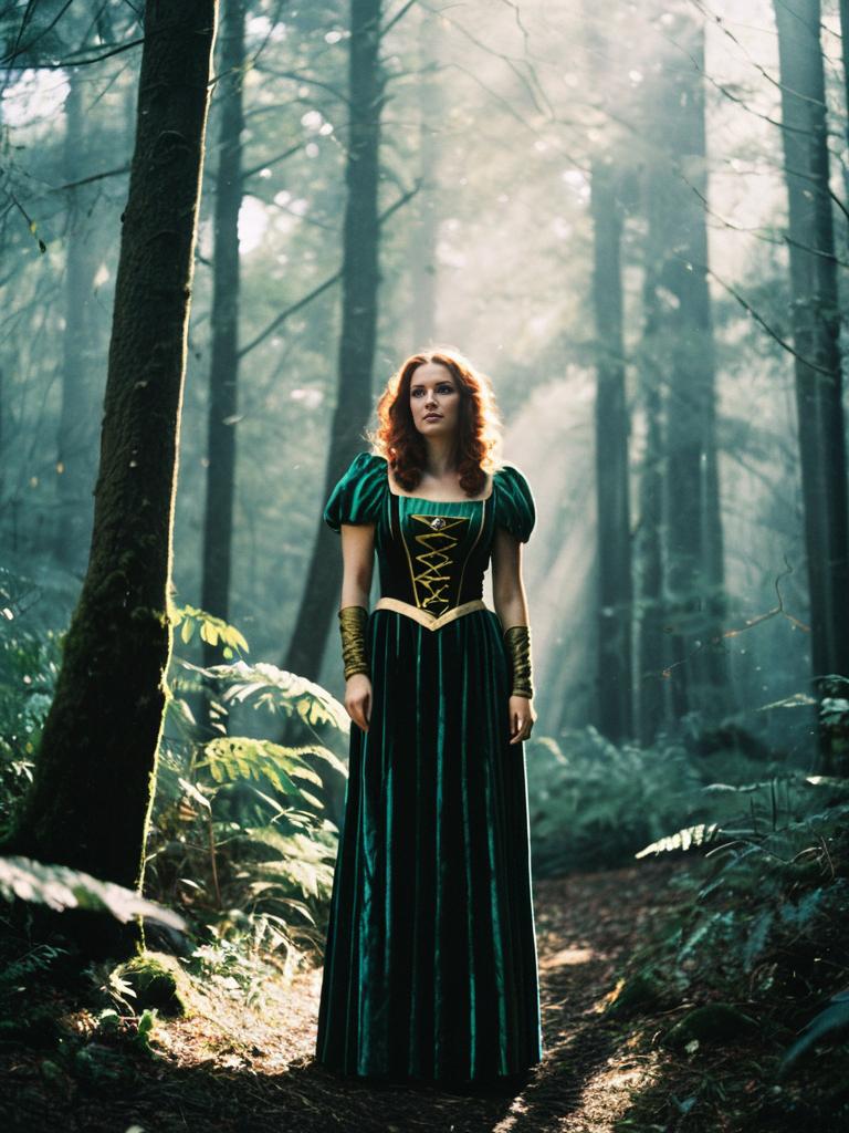Woman in Emerald Green Medieval Dress Standing in Mystic Forest
