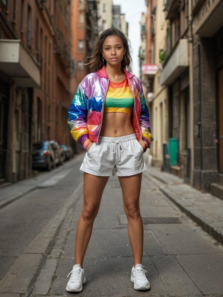 Confident Young Woman in Rainbow Outfit in Urban Alley