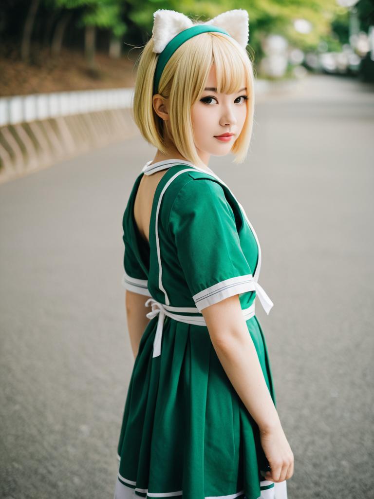 Moriyama Shiemi Cosplay in Green Sailor Dress with Cat Ears