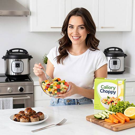 Woman Enjoying Healthy Pasta Salad with Fresh Vegetables in Modern Kitchen