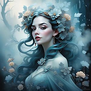Ethereal Woman with Blue Hair and Flowers in Misty Forest