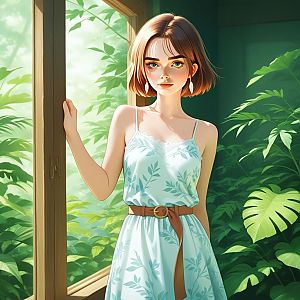 Young Woman by Open Window with Plants