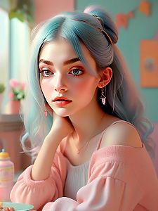 Thoughtful young woman with pastel blue hair in dreamy setting