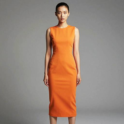 Modern Minimalist Woman in Sleek Orange Midi Dress