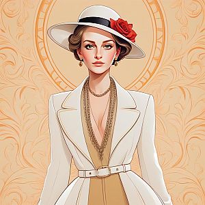 Elegant Woman in Cream Outfit with Gold Jewelry and White Hat