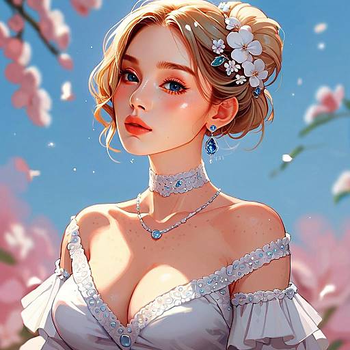 Elegant Blonde Woman in White Floral Dress Digital Artwork