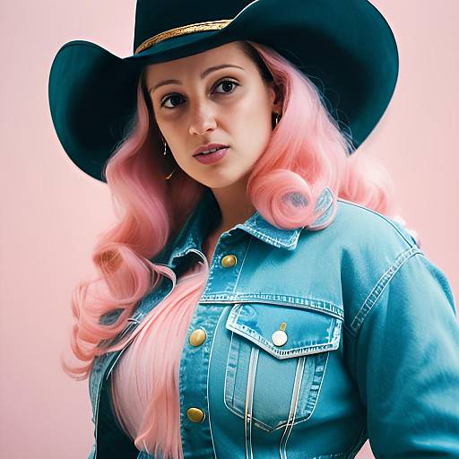 Stylish Woman with Pink Hair Wearing Cowboy Hat and Denim Jacket