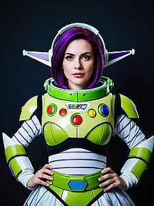 Photorealistic Woman in Colorful Buzz Lightyear Cosplay Costume