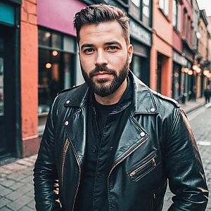 Stylish Young Man in Leather Jacket on Vibrant City Street