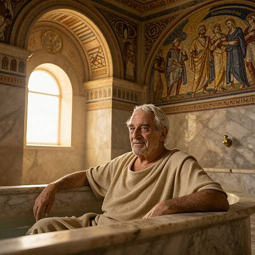 Elderly Man Relaxing in Marble Bathtub in Historic Classical Bathhouse