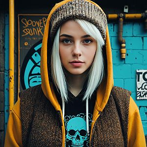 Young Woman in Urban Streetwear with Blue Eyes