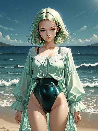 Realistic Woman in Classic Black High-Cut Swimsuit and Mint Green Blouse on Beach