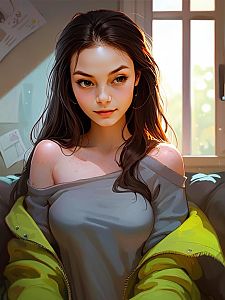 Young Woman in Yellow Jacket by Sunlit Window