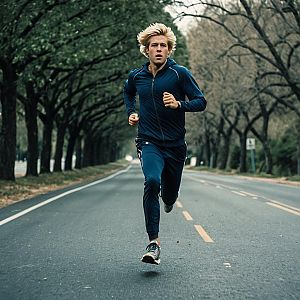 Young Man Running on Tree-Lined Road