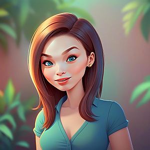 Smiling Woman in Teal Shirt with Greenery Background