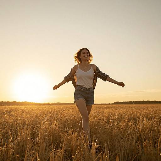 Carefree Woman Walking in Golden Field at Sunset vllm2604190029jif7