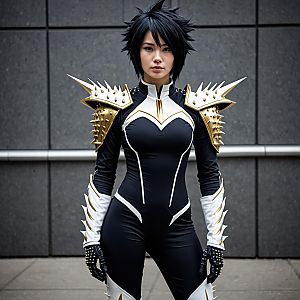 Woman in Futuristic Black and White Bodysuit with Gold Spiked Armor