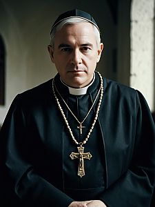 Man in Catholic Priest Costume Cinematic Realism Dramatic Editorial Portrait