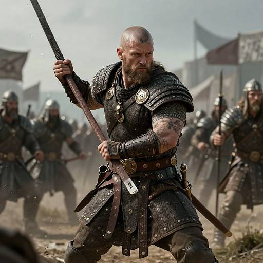 Medieval Warrior Ready for Battle with Spear in Armored Troops